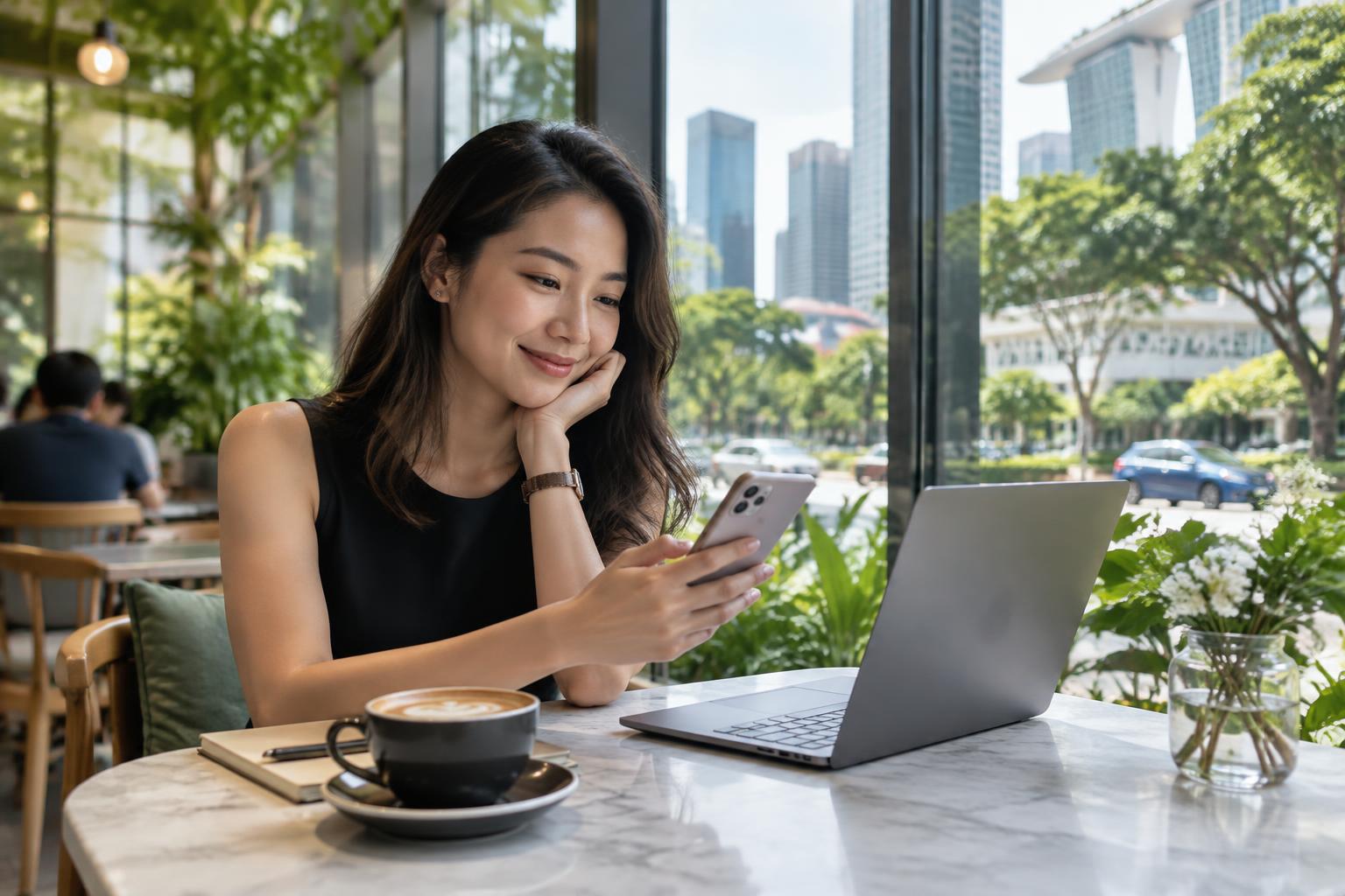 Illustrative customer browsing her phone during a cafe break