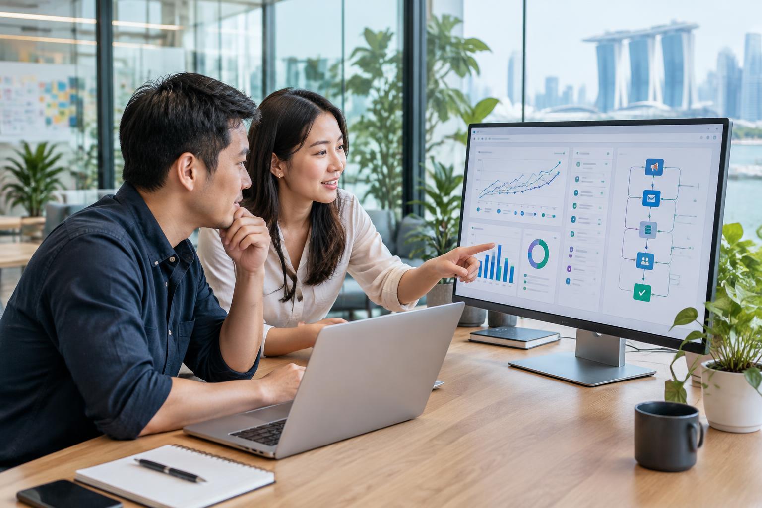 Illustrative marketing team reviewing campaign measurement and connected workflows in a Singapore studio
