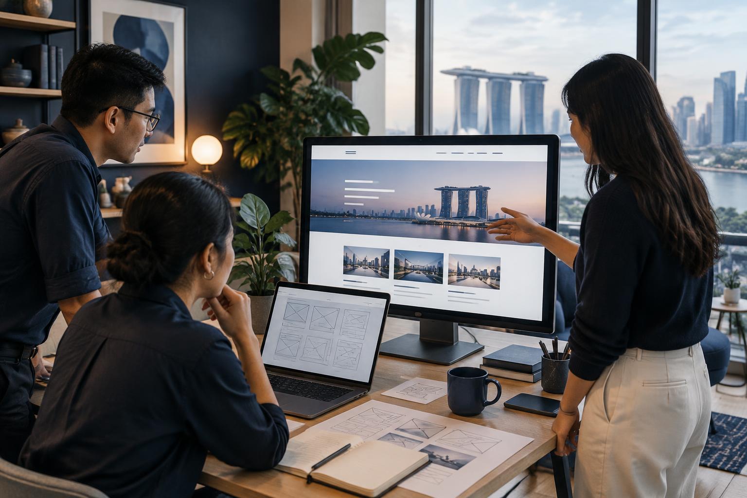 Illustrative web design team reviewing a website build in a Singapore studio overlooking Marina Bay